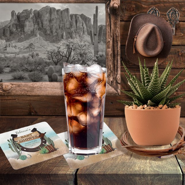 A Little Cowboy Western Boy Baby Shower Square Paper Coaster (A Little Cowboy Rustic Western Horseshoe Boy Baby Shower Coasters)