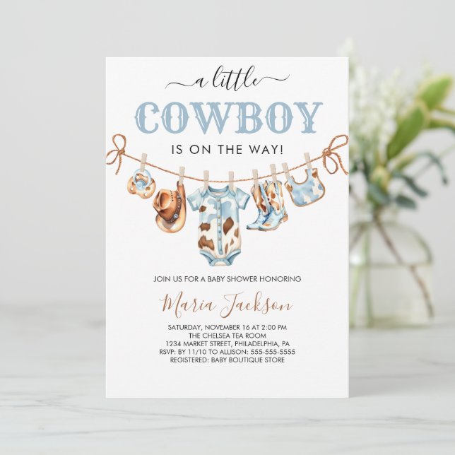 A Little Cowboy Wild West Blue Cowboy Baby Shower Invitation (Standing Front)