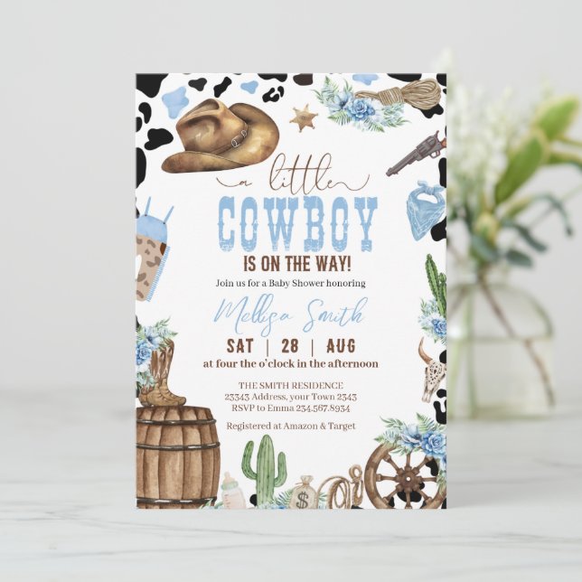 A Little Cowboy Wild Western Boy Blue Baby Shower Invitation (Standing Front)
