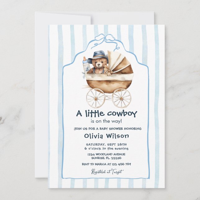 A Little Cowboy With Stroller Baby Shower  Invitation (Front)