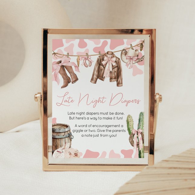 A Little Cowgirl Baby Shower Late Night Diapers Poster (A Little Cowgirl Clothesline Baby Shower Late Night Diapers Sign)