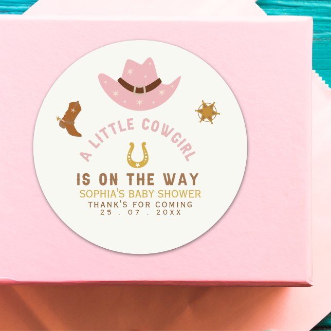 A Little Cowgirl Is on The Way, Baby Shower Classic Round Sticker (Creator Uploaded)