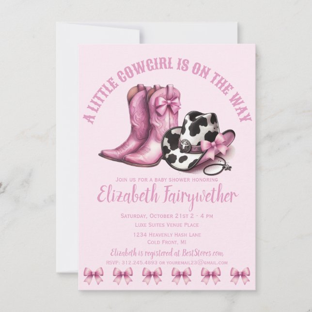 A Little Cowgirl Pink Bows Baby Shower Invitation (Front)