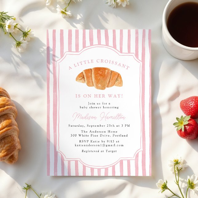 A Little Croissant Is on Her Way Pink Baby Shower Invitation (Creator Uploaded)