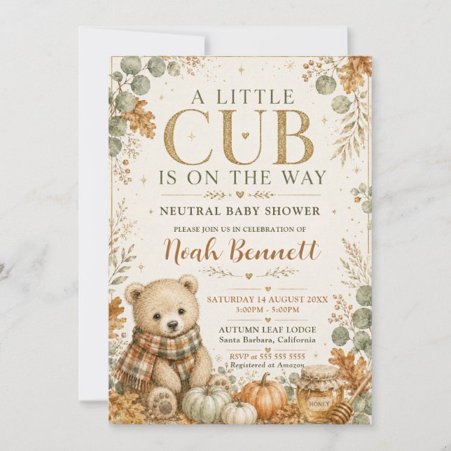 A Little Cub Neutral Fall Baby Shower Invitation (Front)