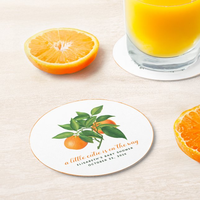 A Little Cutie Baby Shower Orange & Citrus Leaves Round Paper Coaster (Creator Uploaded)