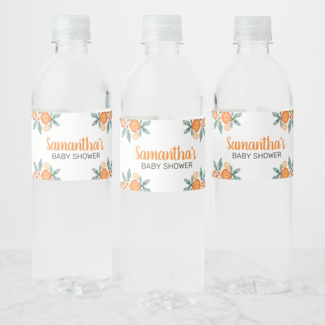 A Little Cutie Botanical Oranges Baby Shower Water Bottle Label (Bottles)