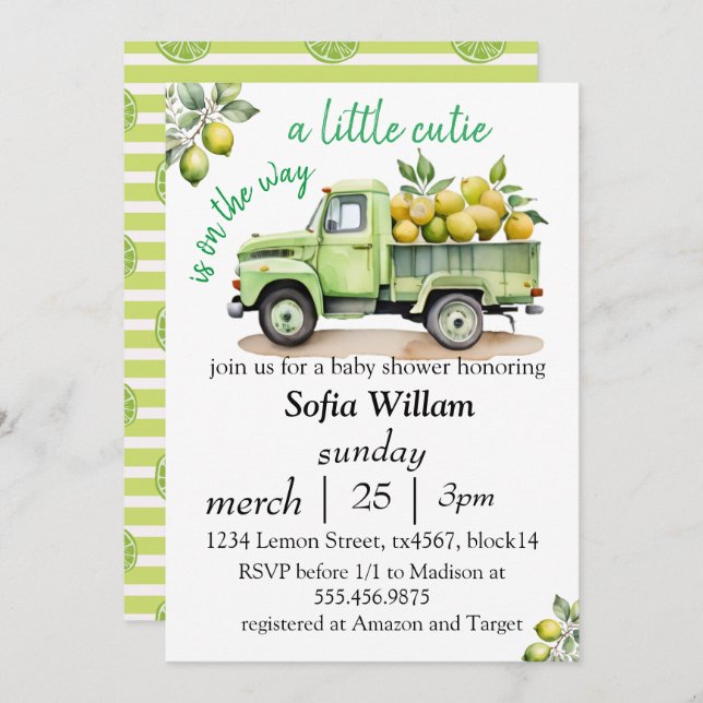 a little cutie citrus lemon track baby shower invitation (Front/Back)