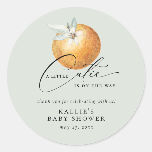 A Little Cutie Citrus Orange Baby Shower Classic Round Sticker (Front)