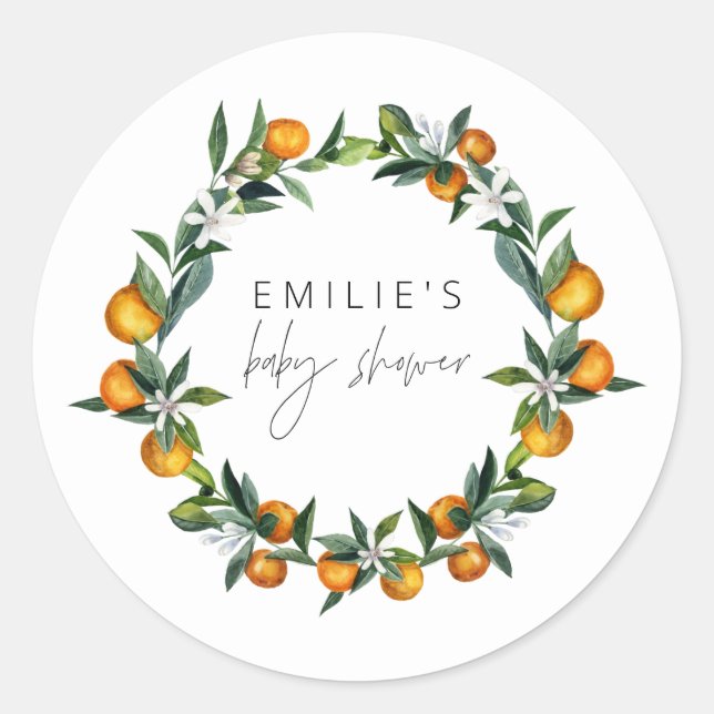 A Little Cutie Citrus Orange Fruit Baby Shower Classic Round Sticker (Front)