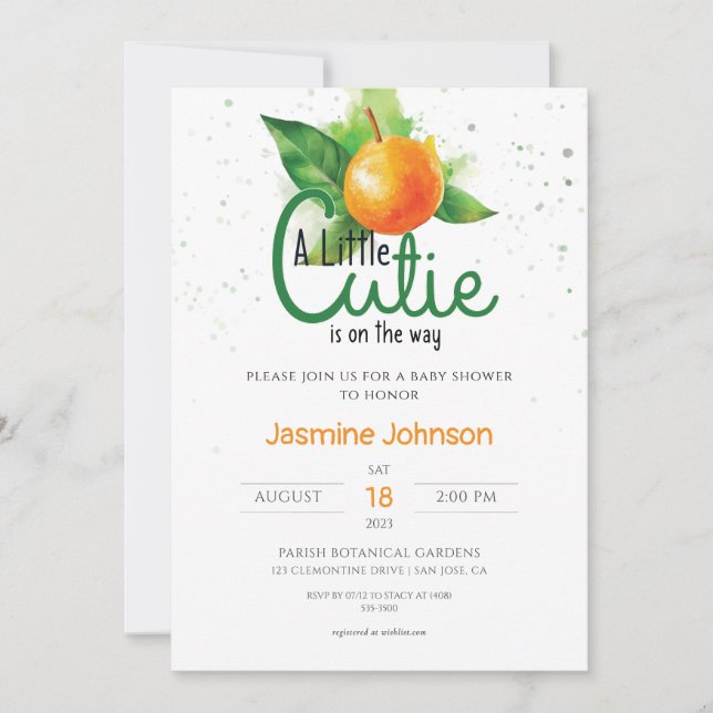 A Little Cutie Green Striped Watercolor Tangerine Invitation (Front)
