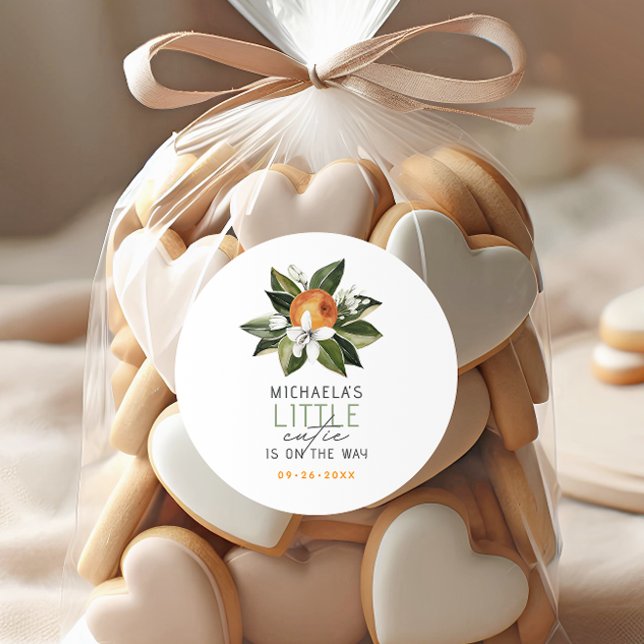 A Little Cutie Is On The Way Citrus Baby Shower Classic Round Sticker (Creator Uploaded)