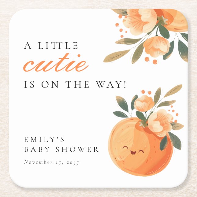 A Little Cutie Is On The Way Citrus Baby Shower Square Paper Coaster (Front)