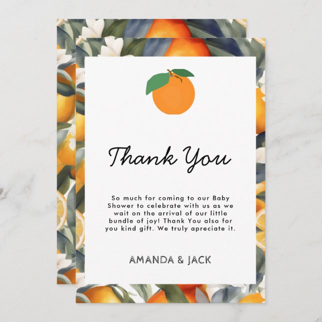 A Little Cutie is on the Way Citrus Baby Shower Thank You Card (Front/Back)