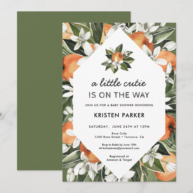 A Little Cutie is on the Way Green Baby Shower Invitation (Front/Back)