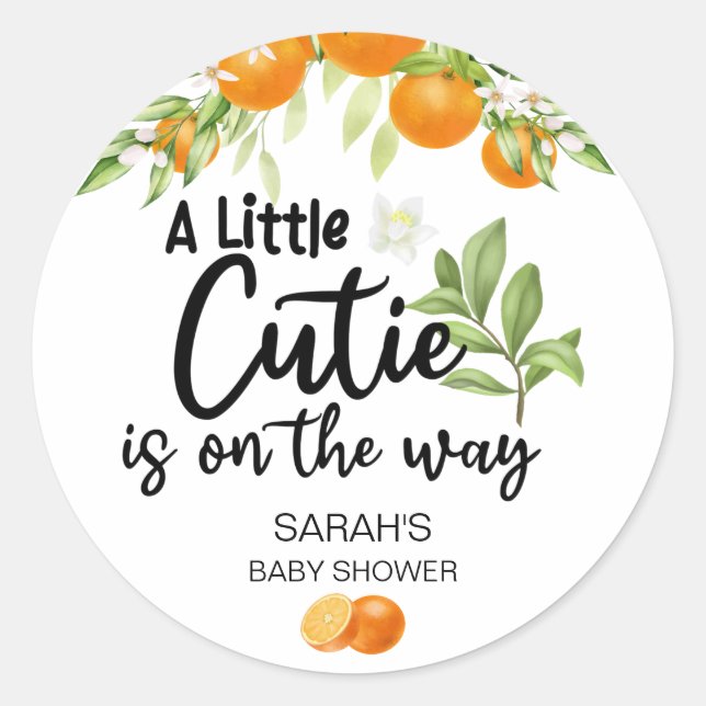 A Little Cutie is on the way Orange Baby Shower Classic Round Sticker (Front)