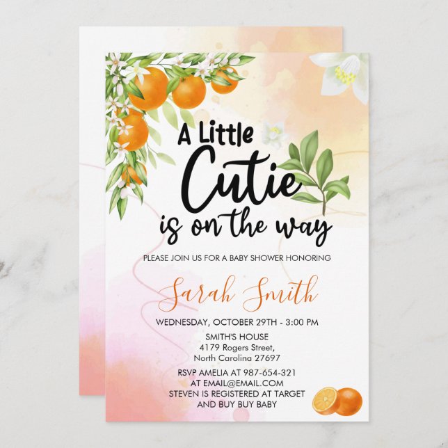 A Little Cutie is on the way Orange Baby Shower Invitation (Front/Back)