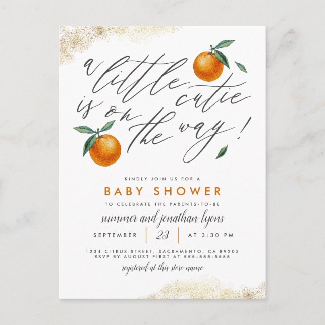 A Little Cutie Is On The Way Orange Baby Shower Invitation Postcard (Front)