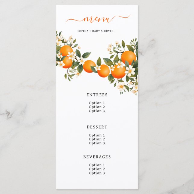 A Little Cutie is on the Way Orange Baby Shower Menu (Front)