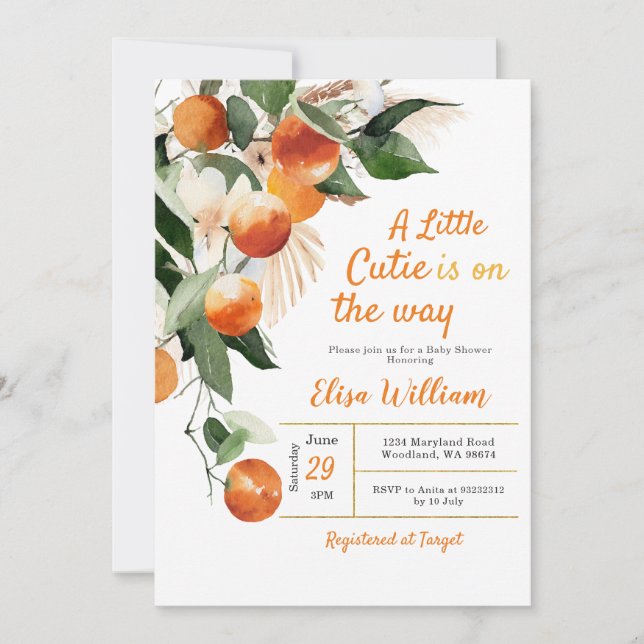 A little cutie is on the way Orange Tropical  Invitation (Front)