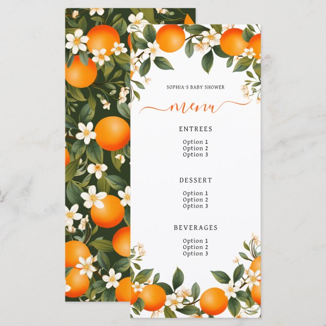 A Little Cutie is on the Way Tangerine Baby Shower Menu (Front/Back)