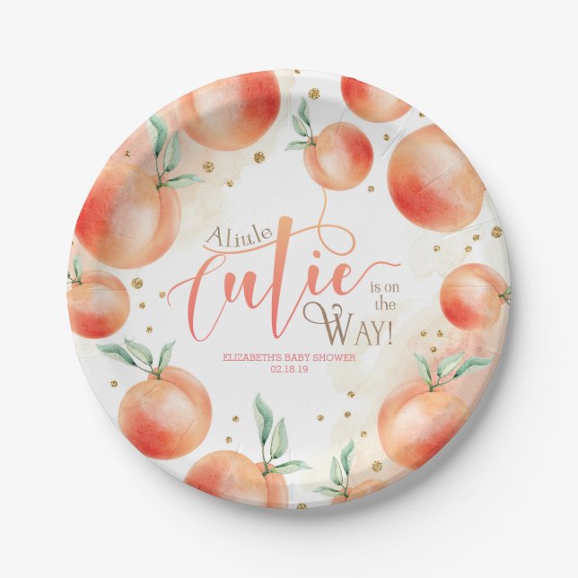 A Little Cutie on the Way Peach Fruit Baby Shower Paper Plate (Front)