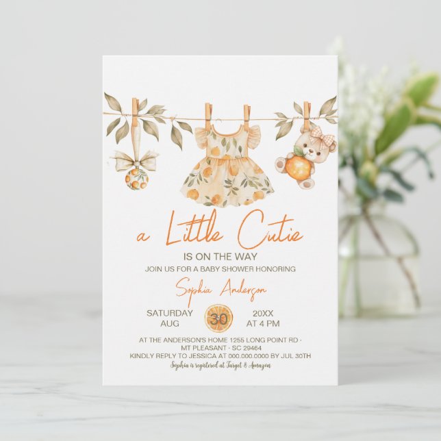 A Little Cutie Orange baby clothes Baby Shower Invitation (Standing Front)