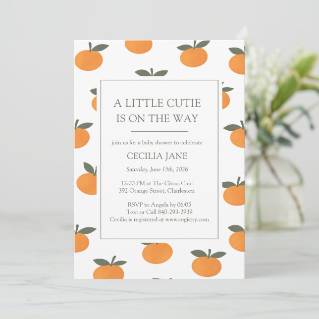 A Little Cutie Orange Gender Neutral Baby Shower Invitation (Standing Front)