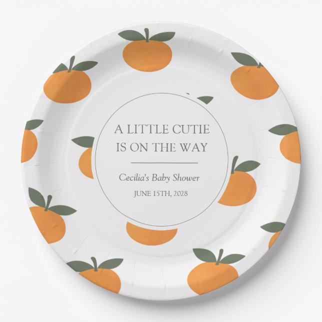 A Little Cutie Orange Gender Neutral Baby Shower Paper Plate (Front)