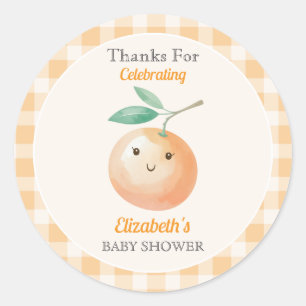A Little Cutie Orange Gingham Citrus Baby Shower Classic Round Sticker