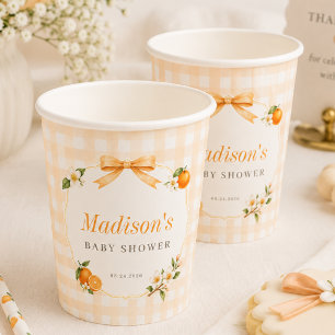 A Little Cutie Orange Gingham Elegant Baby Shower Paper Cups
