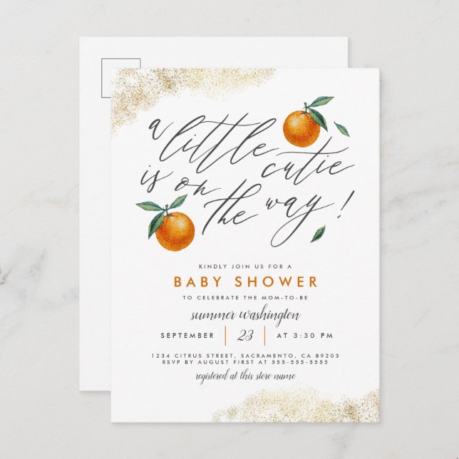 A Little Cutie Orange Neutral Baby Shower Invitation Postcard (Front/Back)