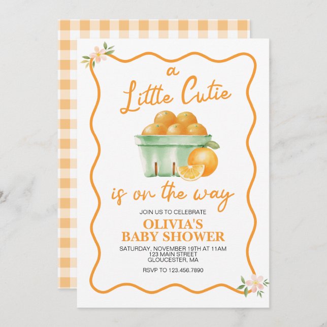 A Little Cutie orange plaid Baby Shower Invitation (Front/Back)