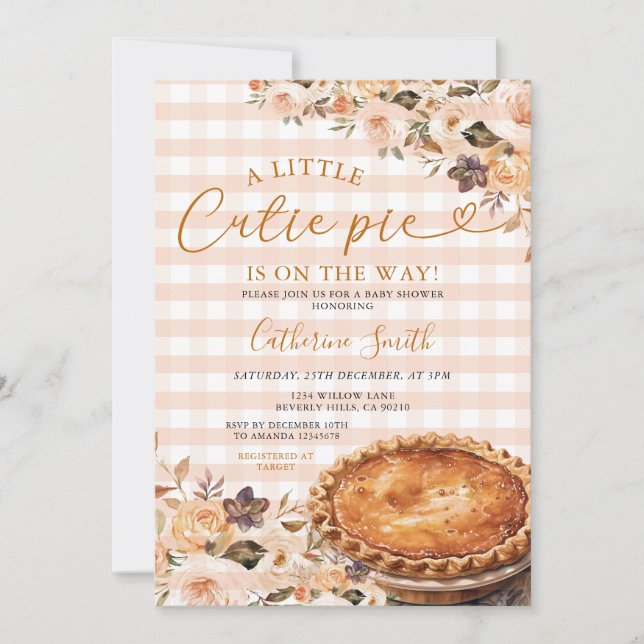 A little Cutie Pie Baby Shower Gingham Fall Floral Invitation (Front)
