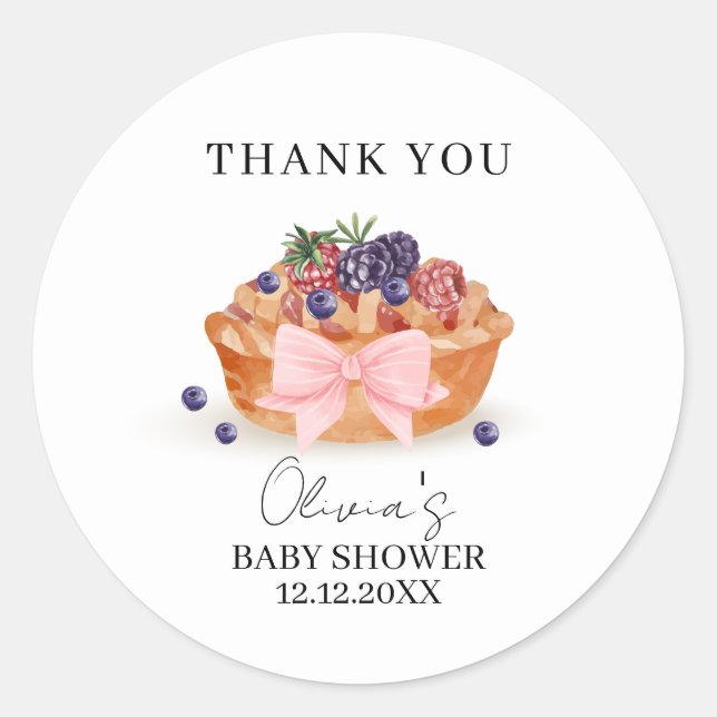 A Little Cutie Pie Berry Bow Baby Shower Classic Round Sticker (Front)