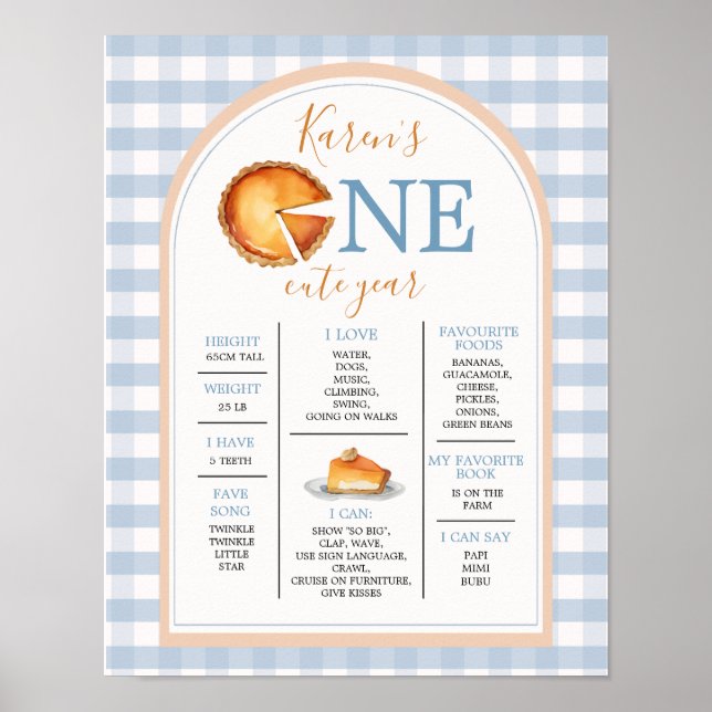 A little Cutie Pie One year fact sign Blue Gingham (Front)