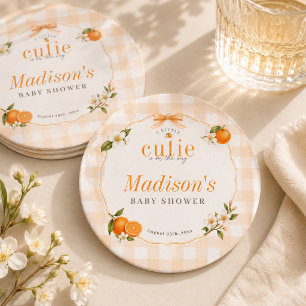 A Little Cutie Preppy Orange Gingham Baby Shower  Round Paper Coaster