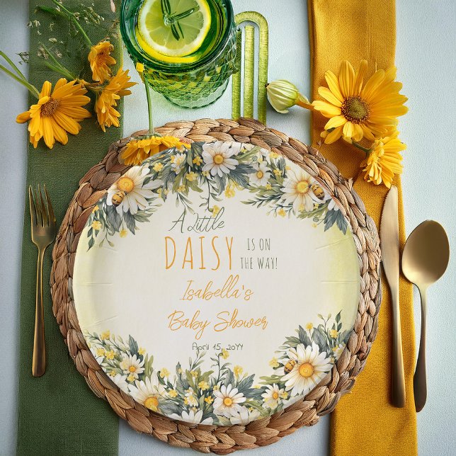 A Little Daisy Is On The Way Floral Baby Shower Paper Plate ("A Little Daisy Is On The Way!" Daisies Floral Yellow, White and Green Girl Baby Shower Paper Plates)