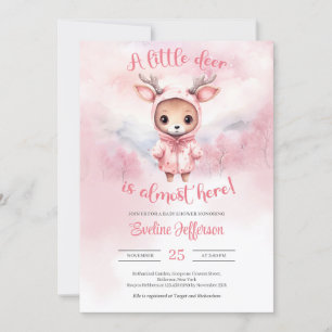 A little deer is almost here pink reindeer girl invitation