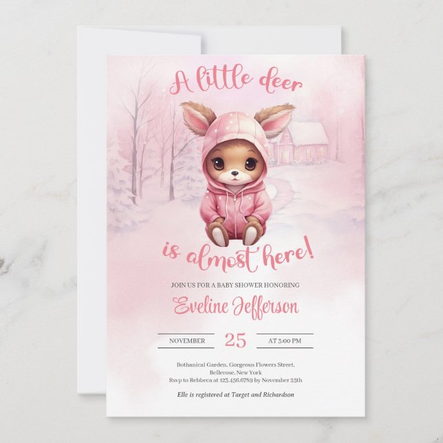 A little deer is almost here pink winter  invitation (Front)