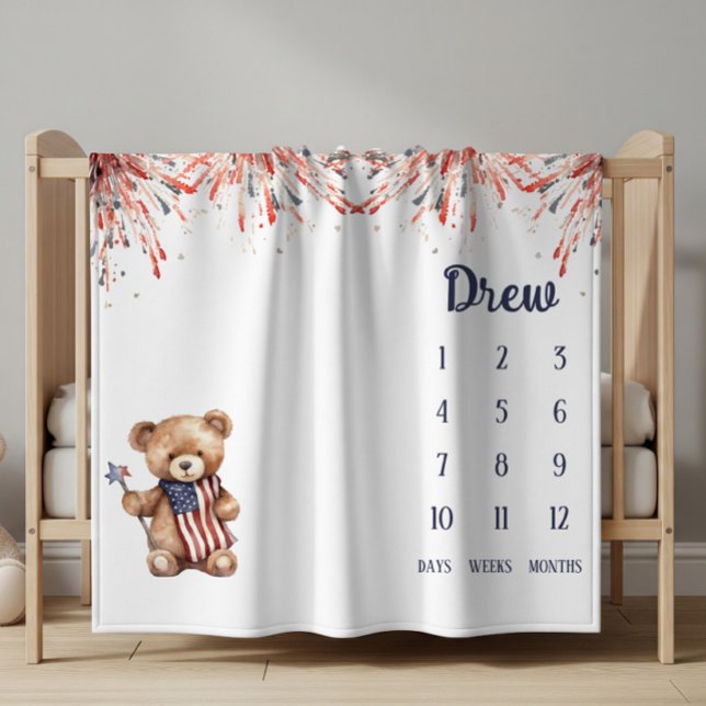 A Little Firecracker Teddy Bear Baby Milestone Fleece Blanket (Creator Uploaded)