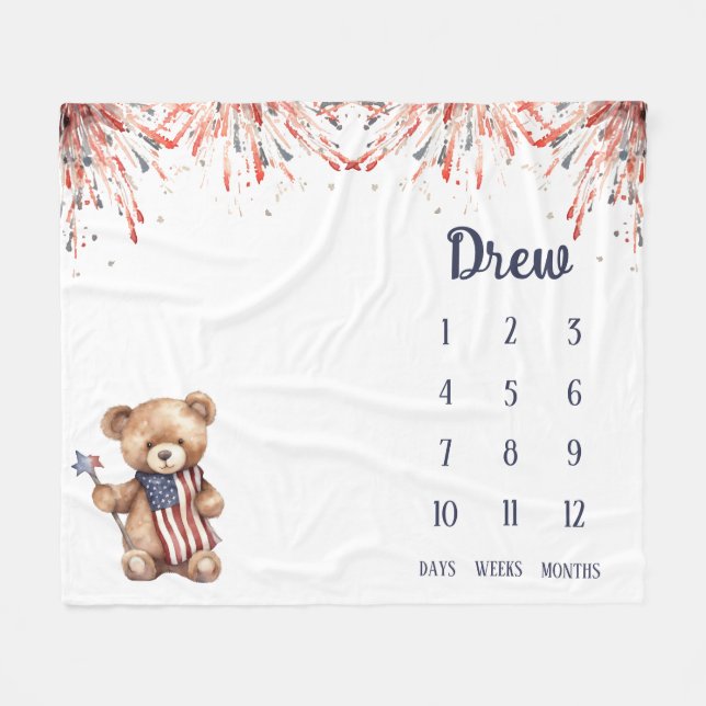 A Little Firecracker Teddy Bear Baby Milestone Fleece Blanket (Front (Horizontal))