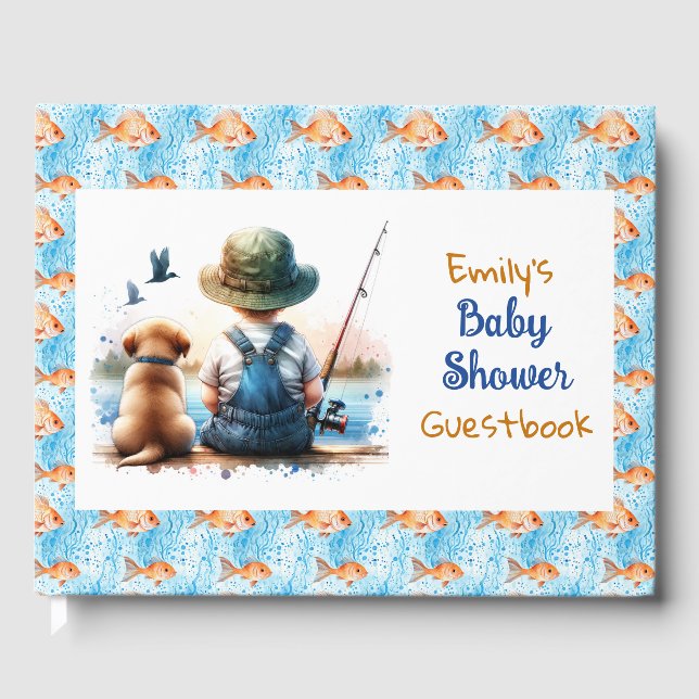 A Little Fisherman | Cute Boy's Baby Shower Guest Book (Front)