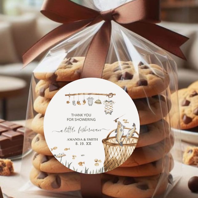 A Little Fisherman Watercolor Baby Shower  Classic Round Sticker (Creator Uploaded)