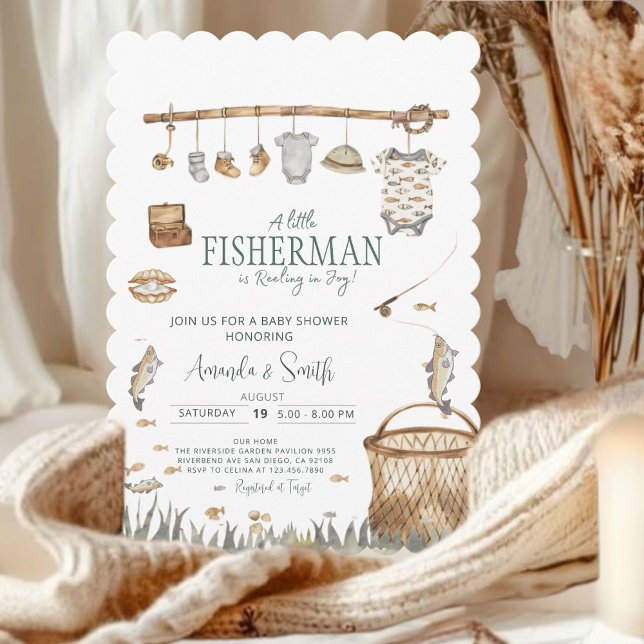 A Little Fisherman Watercolor Baby Shower Invitation (Creator Uploaded)