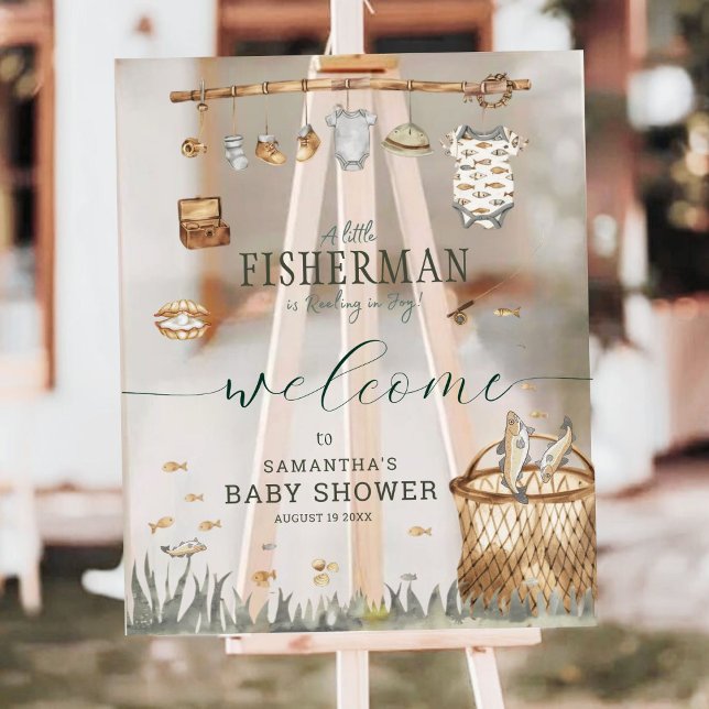 A Little Fisherman Watercolor Fishing Baby Shower  Acrylic Sign (Creator Uploaded)