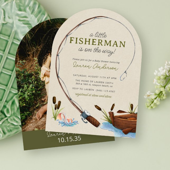 A Little Fisherman Watercolor Photo Baby Shower Invitation (Creator Uploaded)