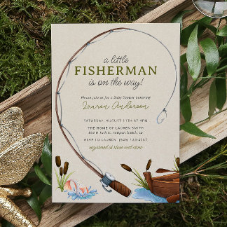 A Little Fisherman Watercolor Script Baby Shower Invitation