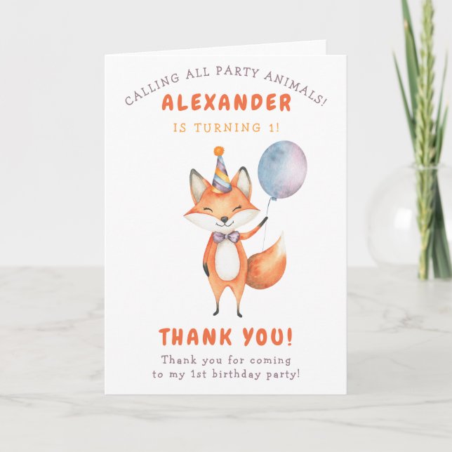 A Little Fox Birthday Party Thank You Card (Front)