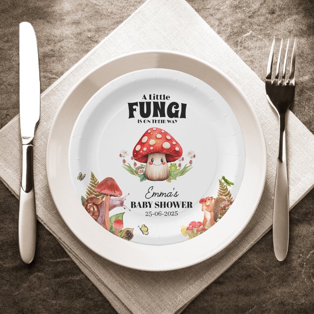 a Little Fungi Mushroom Butterfly Moth Baby Shower Paper Plate (Mushroom Woodland Frog Ladybug Moth Baby Custom forest rustic fall autumn baby shower fungi wood)